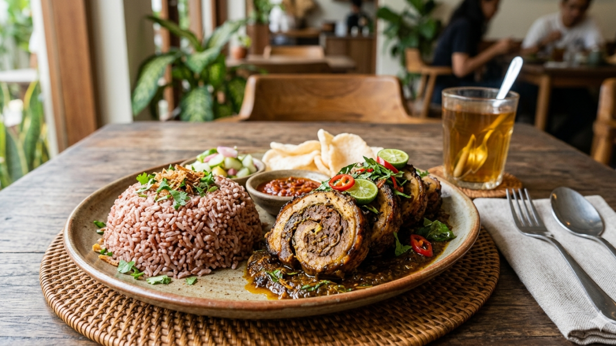Nasi Merah Organik & Kambing Berempah Gulung
