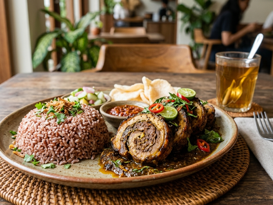Nasi Merah Organik & Kambing Berempah Gulung