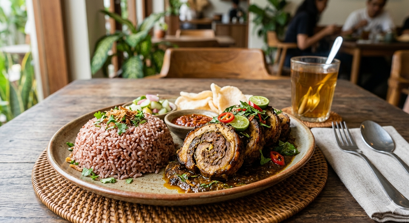 Nasi Merah Organik & Kambing Berempah Gulung